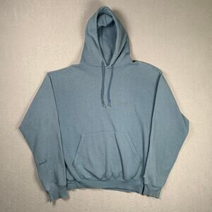 Vintage Champion Hoodie Mens Medium Blue Pullover Spellout Logo Sweatshirt Y2K